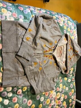 Gray Embroidered Zip Hoodie with Yellow Floral and Bird Accents